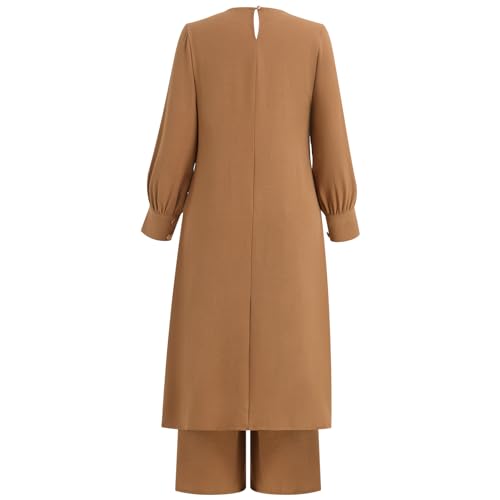 IDOPIP Abaya Dress for Women Muslim Set Long Sleeve Ramadan Islamic Dress Shirt with Pants 2PCS Dubai Prayer Casual Clothes - color: Khaki - Split, size: XX-Large