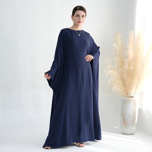 ODIZLI Abayas For Women Muslim Dubai Full Cover Kaftan Shirt Dress Batwing Sleeve Prayer Dress With Hijab - color: Dark Blue+ Hijab, size: Two