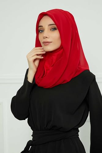 Aisha's Design Pre-tied Cotton-Chiffon Scarf for Women Practical Veil Instant Scarf Hijab Stylish Design - color: Red