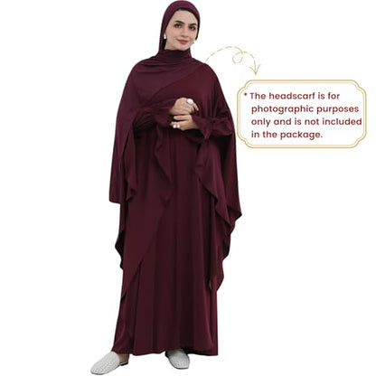 2PCS Women's Muslim Abaya Dress Lace Cuffs Islamic Dubai Prayer Robe Smooth Flowy Muslim Women Clothes - color: Wine Red, size: Large