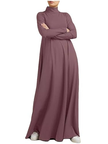 WSPLYSPJY Women Girls High Neck Long Sleeve Abaya Muslim Dress Solid Color Prayer Clothes Islamic Robe - color: Purple, size: Large