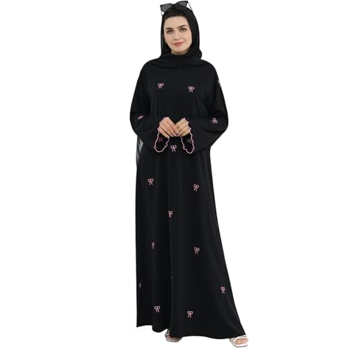 Abaya Dress for Muslim Women Bow Front Zipper Side Pockets Ramadan Eid Robe - color: Black, size: Small