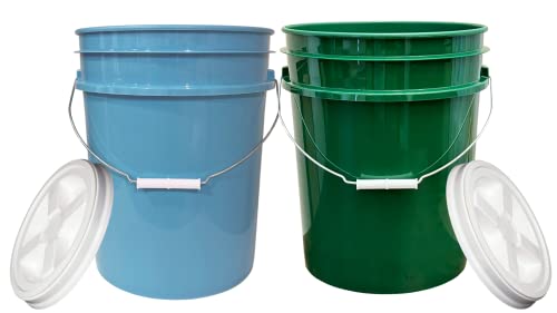 5 Gallon Food Grade BPA Free Bucket Pail with Air Tight Double Gasket Screw on Lid (Pack of 2) Light Blue and Green containers with White lids