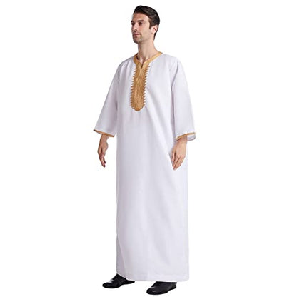 Mens Muslim Robes Long Kaftan Thobe Embroidered Henley Shirts Long Sleeve Nightgown Clergy Caftans - color: White, size: XX-Large