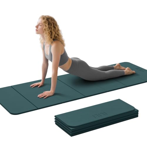 ILILI Foldable Yoga Mat 71 * 24 * 0.3 Inch | Lightweight TPE Non Slip Exercise Mat, Waterproof Portable Fitness Mat for Home Gym, Pilates, Stretching & Daily Workouts - color: Dark Green
