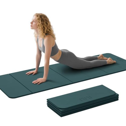ILILI Foldable Yoga Mat 71 * 24 * 0.3 Inch | Lightweight TPE Non Slip Exercise Mat, Waterproof Portable Fitness Mat for Home Gym, Pilates, Stretching & Daily Workouts - color: Dark Green