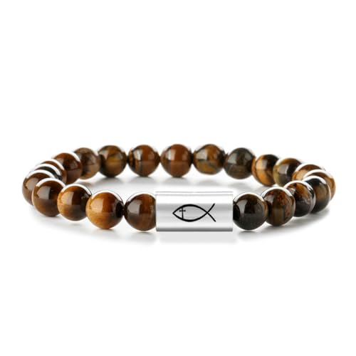 Religious Cross Symbol | Christian Ichthy | Yin Yang Tai Chi 8mm Natural Stone Bead & Cylinder Stainless Steel ID Stretch Bracelet for Men Women - style: Tiger's Eye-Jesus Fish