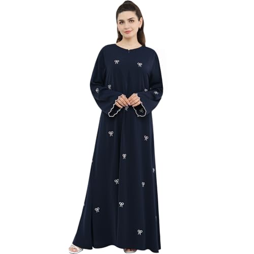 Abaya Dress for Muslim Women Bow Front Zipper Side Pockets Ramadan Eid Robe - color: Navy, size: Small