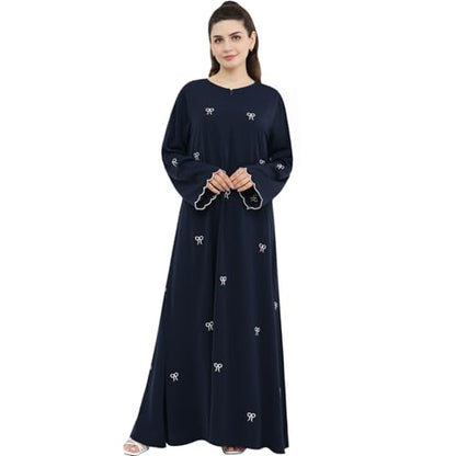 Abaya Dress for Muslim Women Bow Front Zipper Side Pockets Ramadan Eid Robe - color: Navy, size: Medium