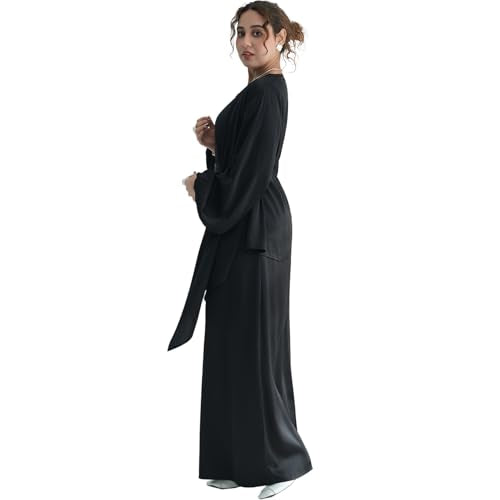 2PCS Muslim Abaya Dress for Women Smooth Satin Prayer Cardigan with Belt - color: Black, size: X-Small-Small