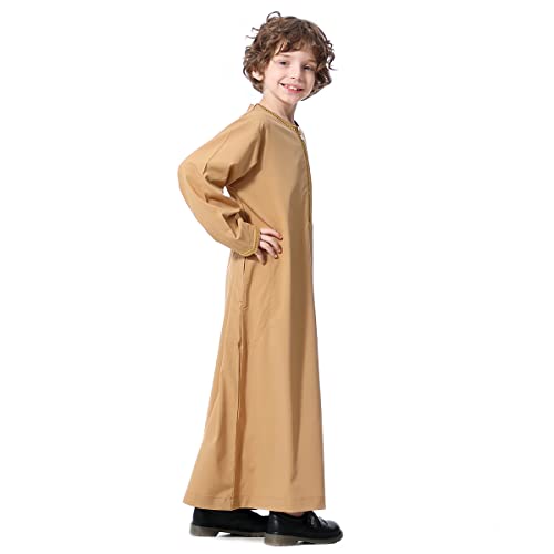 OBEEII Boy's Muslim Arab Solid Color Thobe Long Sleeve Kaftan Embroidered Robe Islamic Arabic Abaya Thobe - color: Brown, size: 7-8 Years