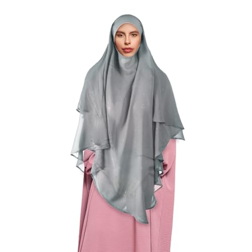 SIQITECHNO Womens Muslim Long Khimar Hijab Scarf Chiffon Sparkling Islamic Arabian Khimar Niqab Ramadan Eid Prayer Scarf Wrap - color: Grey