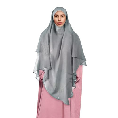 SIQITECHNO Womens Muslim Long Khimar Hijab Scarf Chiffon Sparkling Islamic Arabian Khimar Niqab Ramadan Eid Prayer Scarf Wrap - color: Grey
