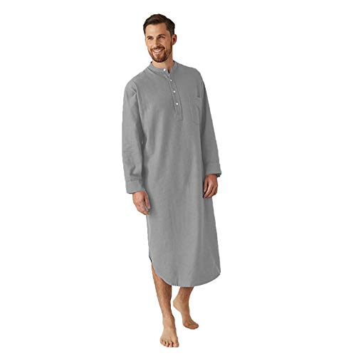 Muslim Thobe for Men Solid Robes Kaftans Button Down Henley Shirts Long Sleeve Night Gowns Afghani Caftans - color: Grey, size: Medium