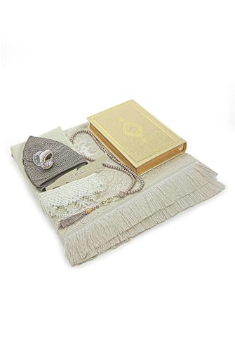 ihvan online Muslim Prayer Rug Set, Islamic Dowry Gift Box for Men & Women, Shawl, Kufi Hat, Digital Beads Counter, Quran Gift, Elegant Islamic Gifts Set for Ramadan & Eid & Wedding, Gold - color: Gold