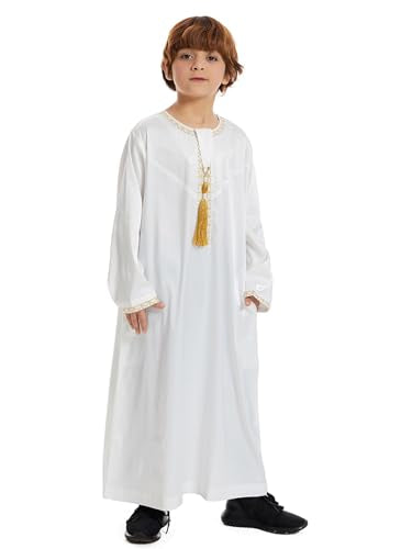 Qianliniuinc Boy's Islamic Dress Round Collar - Youth Long Sleeve Muslim Thobe Arabic Robe Embroidery Clothes with Pockets - color: White B, size: 120CM