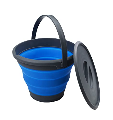 SAMMART 5.5L (1.4 Gallon) Collapsible Plastic Bucket with Lid - Foldable Round Tub with Lid - Portable Fishing Water Pail - Space Saving Outdoor Waterpot. (Grey/Blue, 1) - color: Grey/Blue