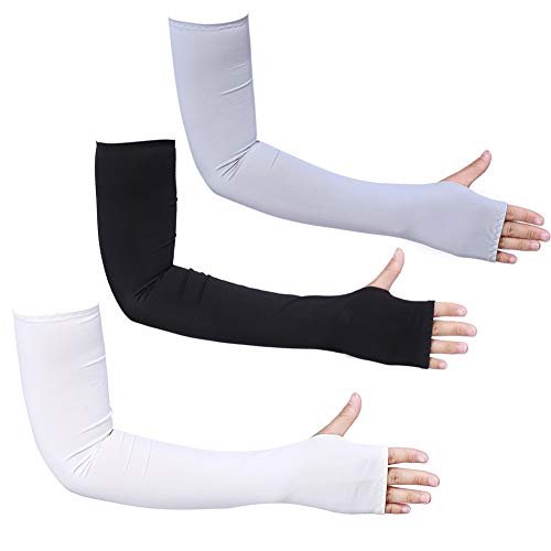 Bacophy 3 Pairs Arm Sleeves with Thumb Holes Women Men UV Protection Cooling, UPF 50 Compression Long Arm Cover - color: 3-pairs Black+white+grey
