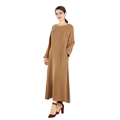 Women Abaya Muslim Dress Long Sleeve Modest Prayer Maxi Kaftan Islamic Clothes with Pockets - color: Khaki, size: Large