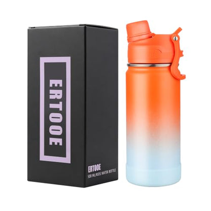 Kids Water Bottle for School Boys Girls，16 oz Water Bottle with 2-in-1 Lid 304 Stainless Steel Insulated Bottle - color: Carrot / Sky Blue 480