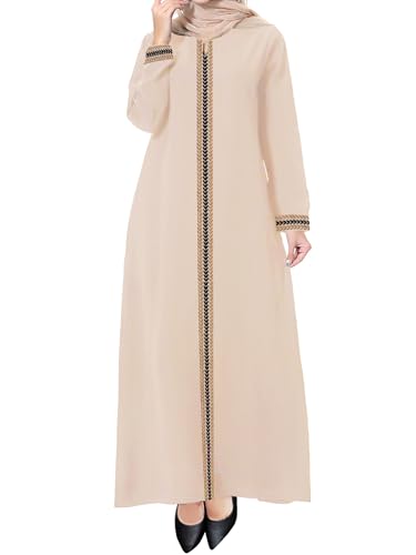 WSPLYSPJY Embroidered Abaya Muslim Dresses for Women Maxi Long Sleeve Prayer Clothes Middle Eastern Kaftans - color: Light Khaki, size: Small