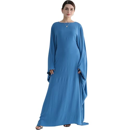Women Muslim Abaya Dress 1Piece Bat Sleeve Islamic Maxi Robe Fashion Jilbab for Women Eid Kaftan Muslim Robe - color: Bluea, size: Large