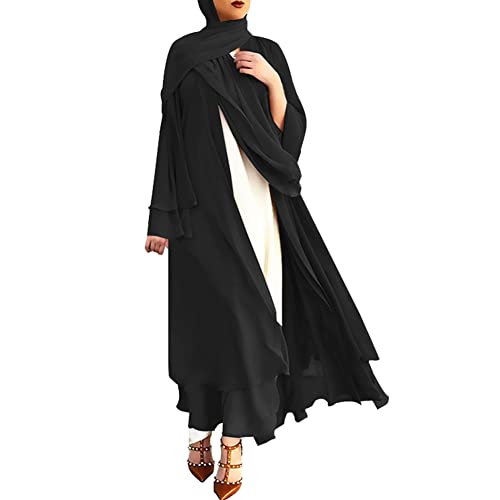 Abayas for Women Muslim Dubai Dress Solid Loose Fit Long Cardigan Islamic Kaftan Robe Open Front Maxi Length - color: Black, size: Small