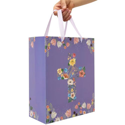 13" Large Floral Religious Gift Bag Set with Handles, Greeting Card, Purple Tissue Papers and Stickers for Women Girls, for First Communions, Baby Girl Baptisms, Christenings, Religious Occasion, Clergy Day, Cross Design, 1 Pcs - color: (13'' Large)Purple