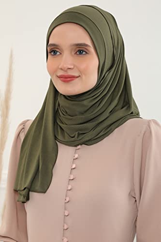 Aisha's Design Jersey Shawl for Women Instant 95% Cotton Modesty Turban Cap Hat Head Wrap Cotton Scarf - color: Army Green