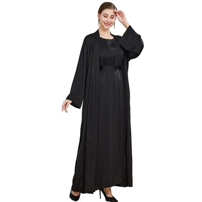 Islamic Abaya Dress for Women Muslim Maxi Abayas 2pcs Silky Fashion Dress Set Daily Kaftan Jilbab Outfit Women Eid Robe - color: Blacka, size: X-Large