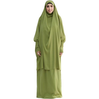 Muslim Women Abaya Two Pieces Set Prayer Dress Elasticated Sleeves Islamic Robe Modest Full Cover Prayer Clothes - color: Olive Green