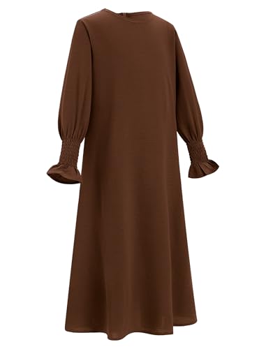 OBEEII Abaya for Girls Muslim Long Sleeve Prayer Dress Ramadan Kaftan Abaya with Hijab Islamic Clothing Arabic Eid Robe - color: Coffee, size: 7-8 Years