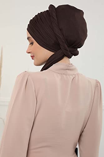 Aisha's Design Instant Hijab Scarves for Women, 95% Cotton Pretied Bonnet Turban Easy to Wear Cotton Headscarf - color: Brown