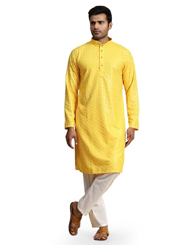 Pro-Ethic Style Developer Mens Indian Traditional Cotton Kurta Sets, Men Kurta Set Indian Wedding Dress (A-117) - color: Yellow, size: X-Large