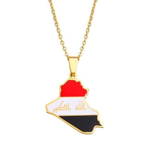 Iraq Map Flag Pendant Necklace for Women and Men – Stainless Steel Allah Name Iraq Map Pendant Necklaces - Meaningful Iraq Jewelry Gift - color: Gold 1