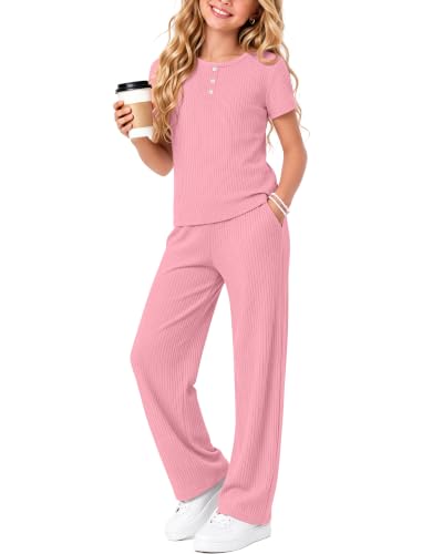 Girls 2 Piece Outfits Cotton Sets - color: Pink, size: 5-6 Years