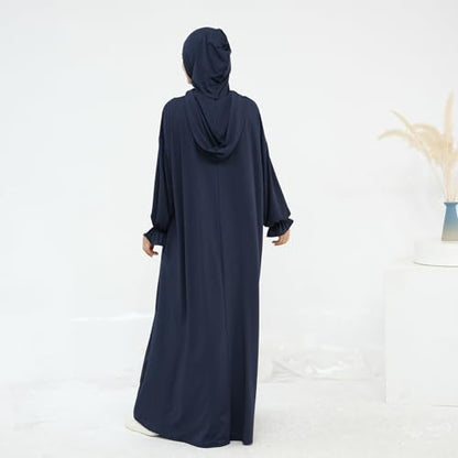Muslim Dress for Women Pakistani Kaftan Abaya Robe Arabic Islamic Prayer Clothes Dubai Outfits - color: Dark Blue