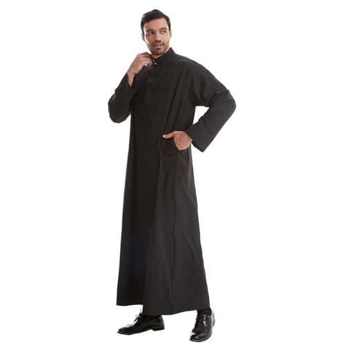IWEMEK Muslim Thobe for Men Kaftan Thobe with Pockets Middle East Saudi Arabic Robe Ramadan Caftan Dubai Islamic Abaya Dress - color: Black, size: Large