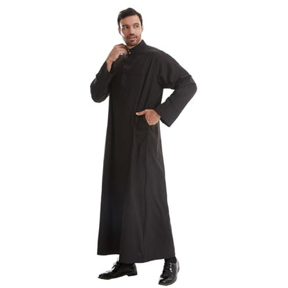 IWEMEK Muslim Thobe for Men Kaftan Thobe with Pockets Middle East Saudi Arabic Robe Ramadan Caftan Dubai Islamic Abaya Dress - color: Black, size: Small