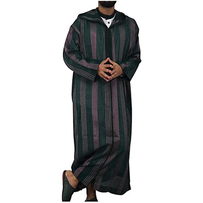 Men's Striped Robe Long Sleeve Zip-Up Thobe Long Gown Muslim Middle East Kaftan Dresses Muslim Dubai Clothes - color: Green, size: X-Large