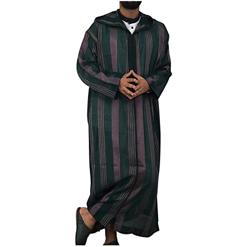 Men's Striped Robe Long Sleeve Zip-Up Thobe Long Gown Muslim Middle East Kaftan Dresses Muslim Dubai Clothes - color: Green, size: Large