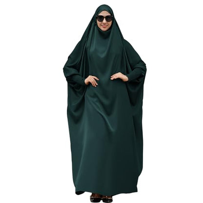 IDOPIP Muslim Abaya for Women One Piece Long Sleeve Islamic Prayer Dress with Hooded Hijab Maxi Kaftan Robe Modest Clothes - color: Blackish Green