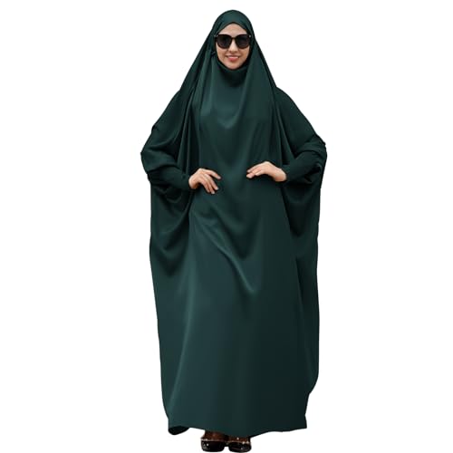 IDOPIP Muslim Abaya for Women One Piece Long Sleeve Islamic Prayer Dress with Hooded Hijab Maxi Kaftan Robe Modest Clothes - color: Blackish Green
