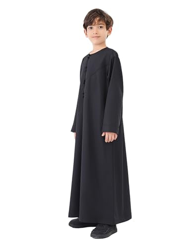 OBEEII Boy's Muslim Thobe Arab Long Sleeve Abaya Kaftan Robe Eid Ramadan Islamic Middle East Dubai Prayer Dress with Pockets - color: Black, size: 12-13 Years