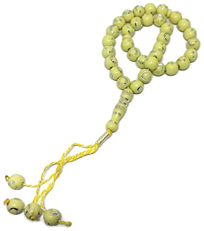 Muslim Bead Tasbih 33 Rosary AMN-277 Islam Prayer dhikr Misbaha with Moon Star Engraved on Islamic Religion Eid Ramadan Gift (Yellow) - color: Yellow