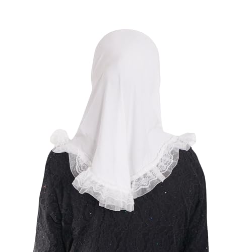 MuLanLegend Cotton Lace Hijab | Princess Nur | Girls Kids Instant Slip-on Scarf Sarong | Ligthweight and Comfortable - color: White