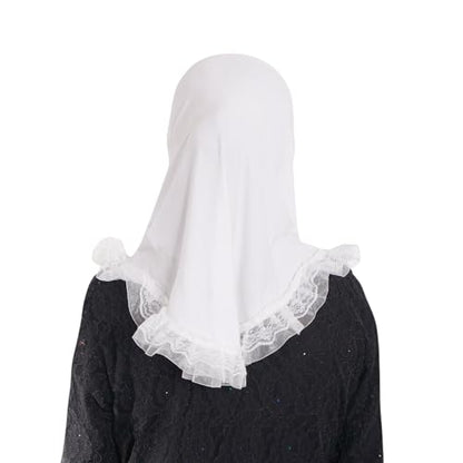 MuLanLegend Cotton Lace Hijab | Princess Nur | Girls Kids Instant Slip-on Scarf Sarong | Ligthweight and Comfortable - color: White