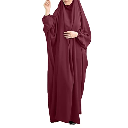 FPOVFPO Womens One-Piece Solid Abaya Muslim Prayer Dress Islamic Maxi Kaftan with Hijab Dubai Full Length Dress - color: Wine Red