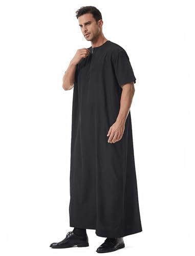 Muslim Men Abaya Short Sleeve Kaftan Islamic Arab Robe Men Dishdasha Zipper Robe Ethnic Clothes Dubai Travel Thobe - color: Black, size: X-Large