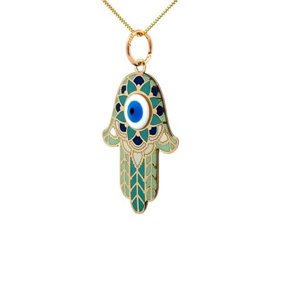 14K Solid Gold Pendant Necklace Hand-Painted Abstract Hamsa Hand and Allah Calligraphy (Evil Eye) - Gift for Men, Women, Daughter, Son, Unisex Adults, Kids - color: Green Evil Eye in Hamsa Hand, style: Pendant w/ Cuban Link 20"